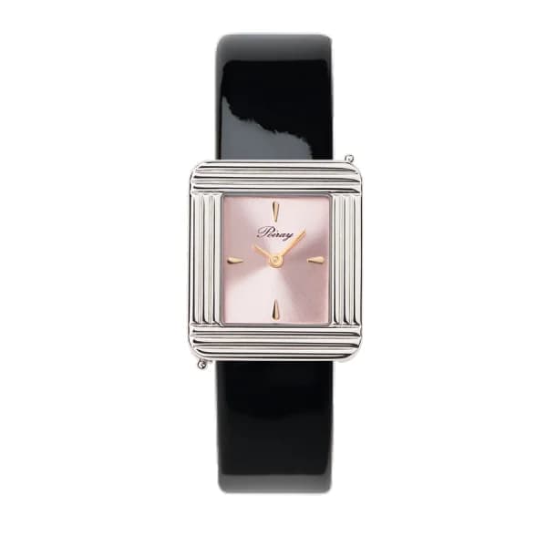Poiray Montre Poiray Ma Première Acier Cadran Rose Bracelet Veau Vernis Noir