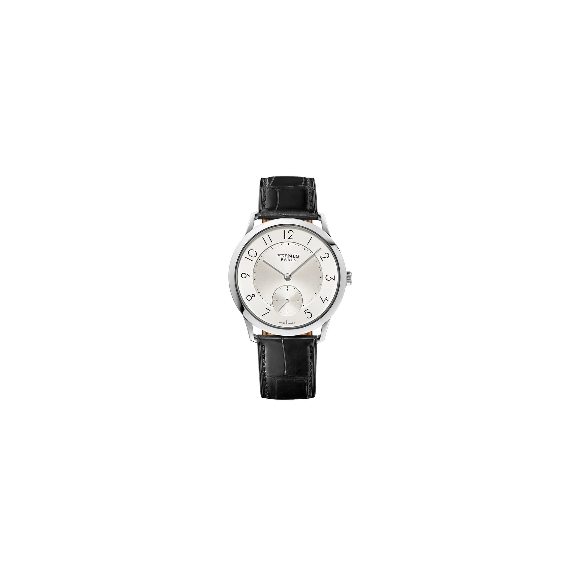 Hermès Montre HERMÈS Slim Grand Modèle automatique cadran argenté opalin bracelet cuir noir 39,5 mm