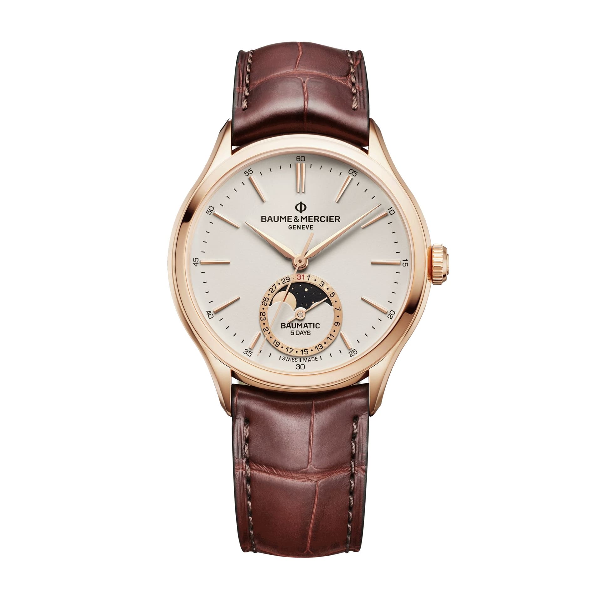 Baume & Mercier Montre Baume et Mercier Clifton Baumatic Phase de Lune Or Rose automatique cadran blanc bracelet cuir marron 39 mm