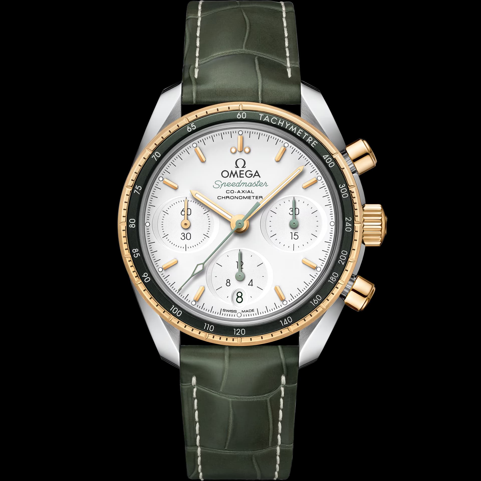 Omega Speedmaster 38 mm, acier - or jaune sur bracelet en cuir