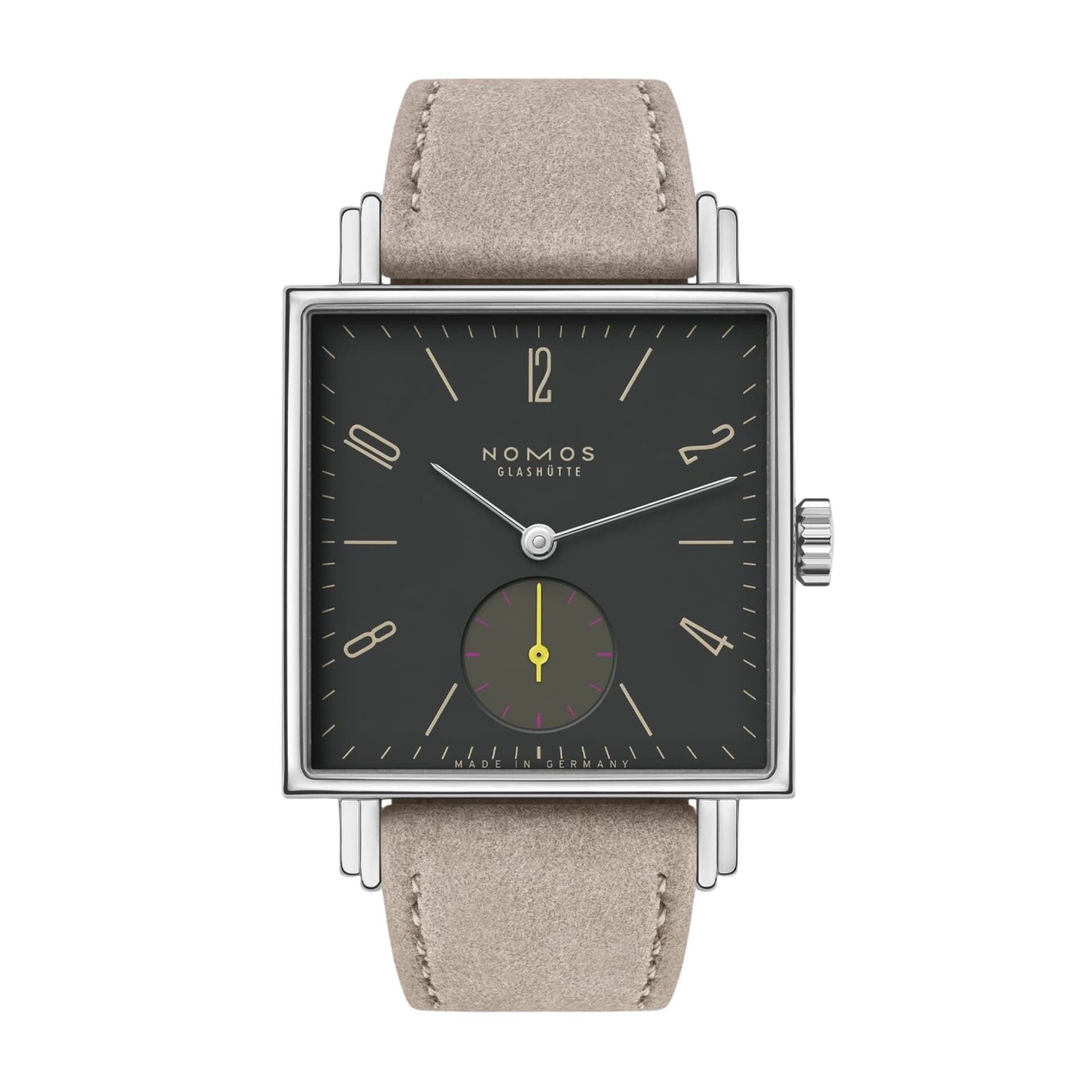 Nomos Montre Nomos Tetra Basalt mécanique fond verre saphir cadran noir bracelet velours beige 29,5 mm