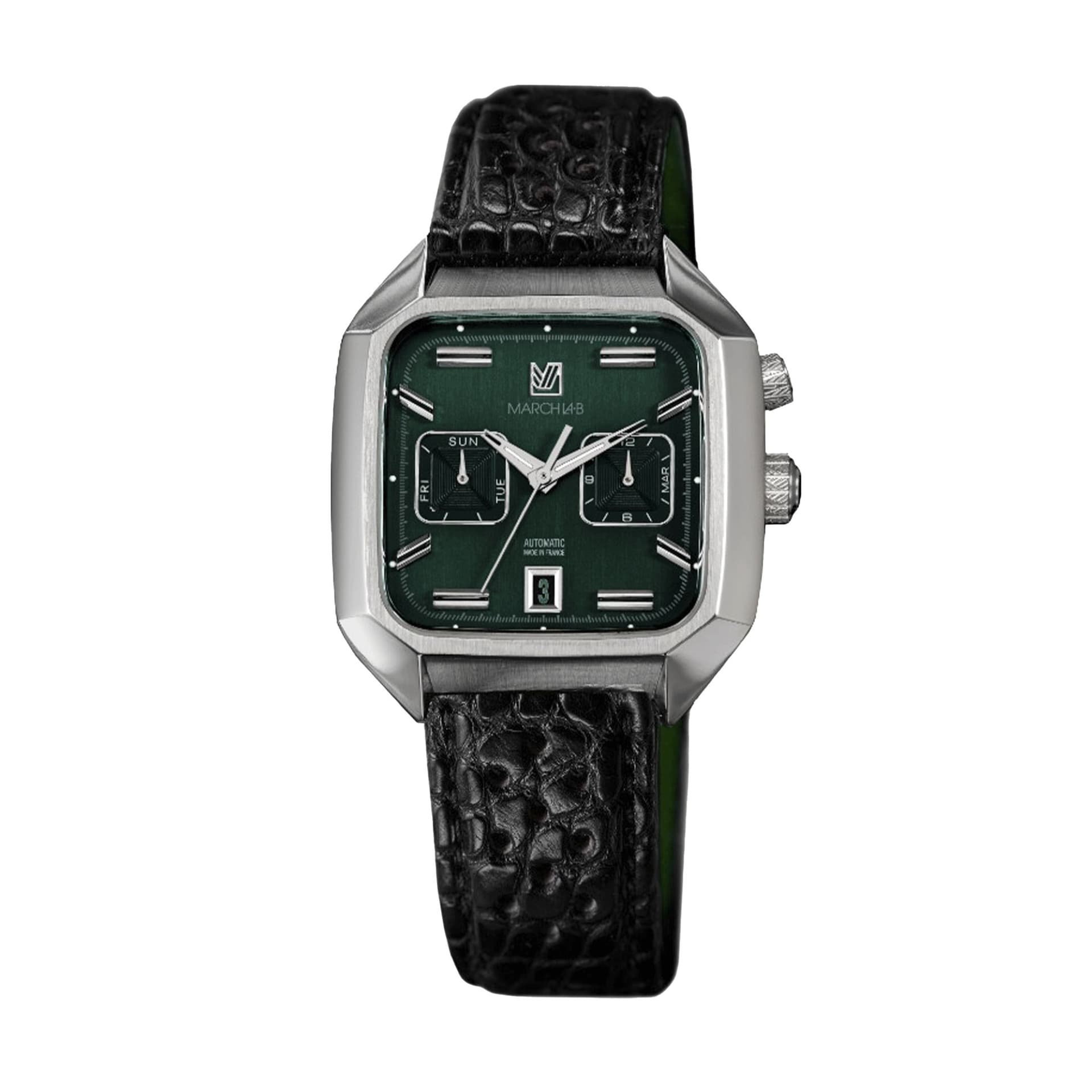 March LA.B Montre March LA.B AM2 Calendar Grall automatique cadran vert bracelet alligator perforé noir 41 mm