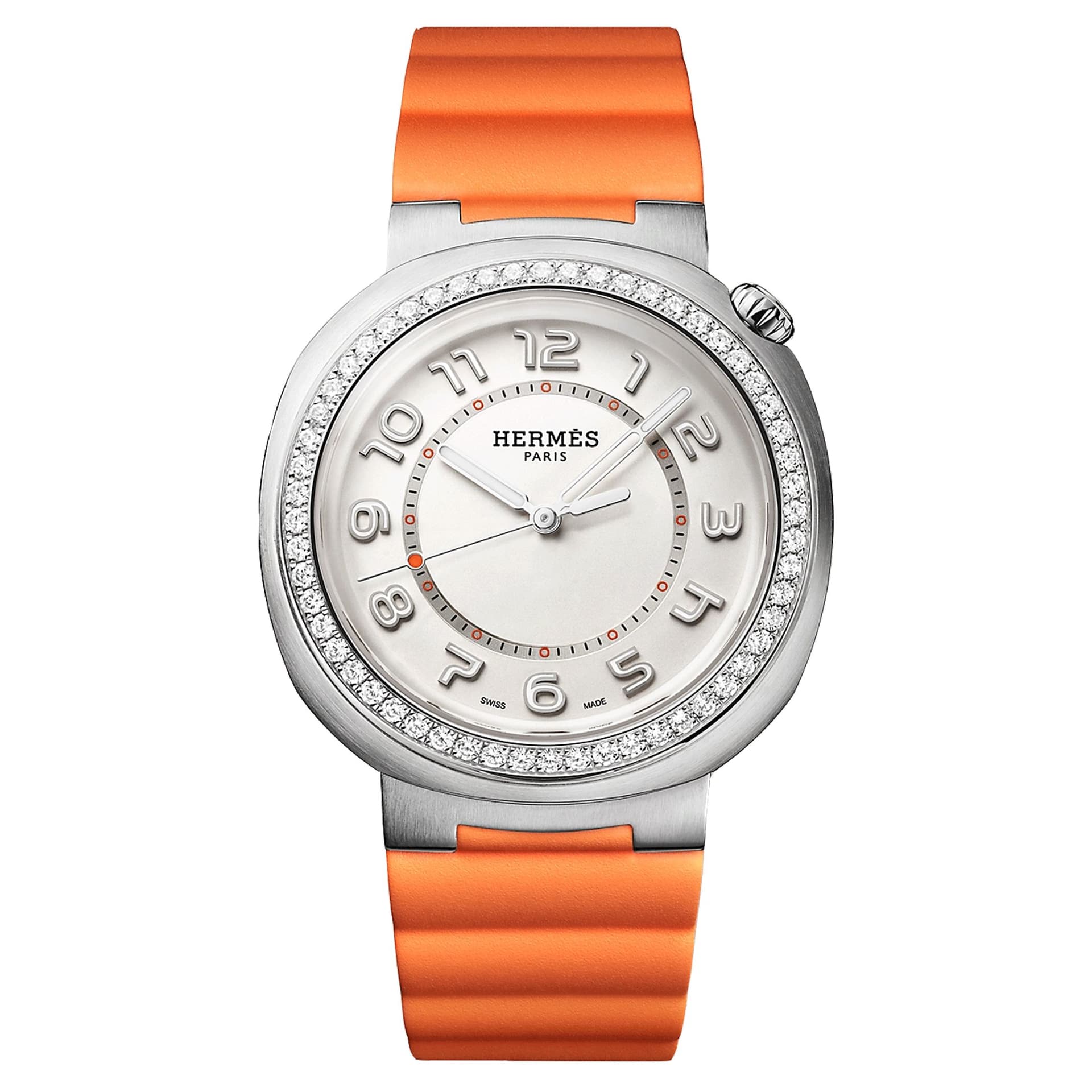 Hermès Montre HERMÈS Cut Grand Modèle automatique lunette sertie cadran argenté bracelet caoutchouc orange 36 mm