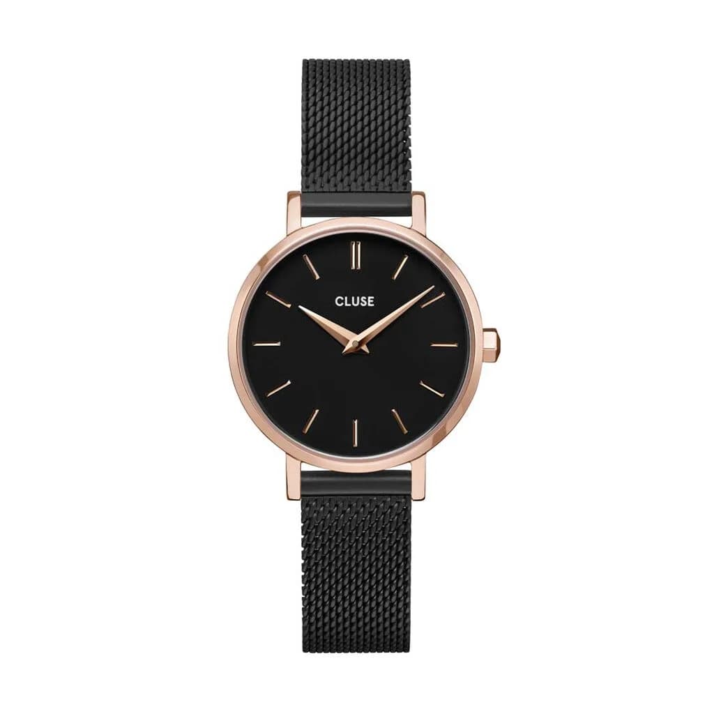 Cluse Boho Chic Petite Watch Mesh, Full Black, Rose Gold Colour
