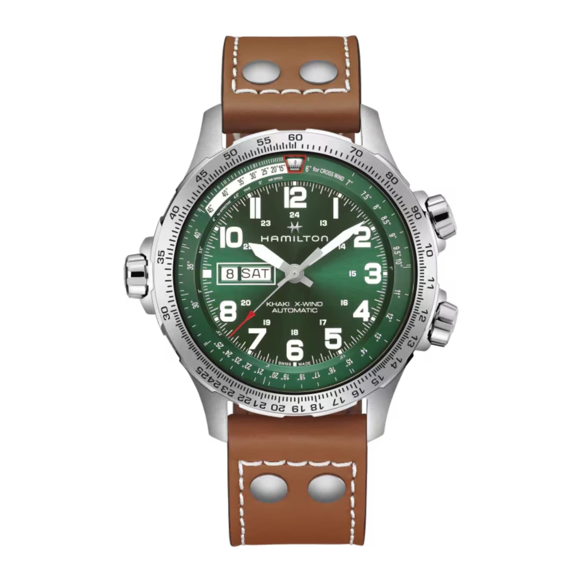 Hamilton Montre Hamilton Khaki Aviation X-Wind Day-Date autochrono cadran vert bracelet cuir marron 44 mm