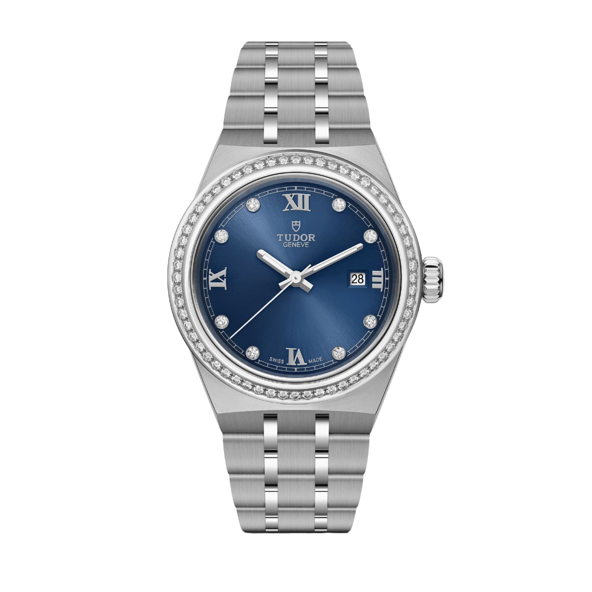 Tudor Montre Tudor Royal automatique lunette sertie diamants index diamants cadran bleu bracelet acier 28 mm