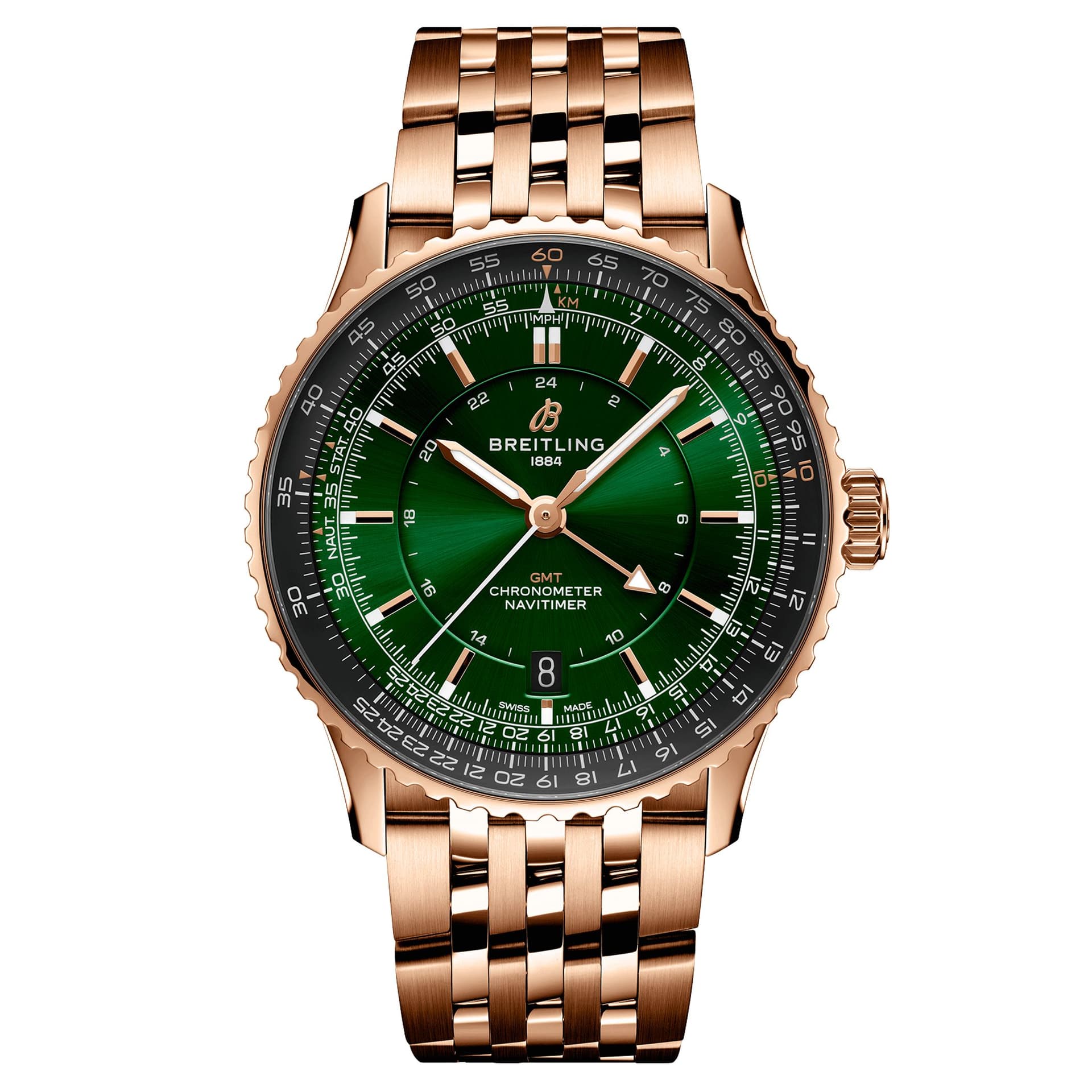 Breitling Montre Breitling Navitimer GMT 2024 Or Rose automatique cadran vert bracelet or rose 41 mm