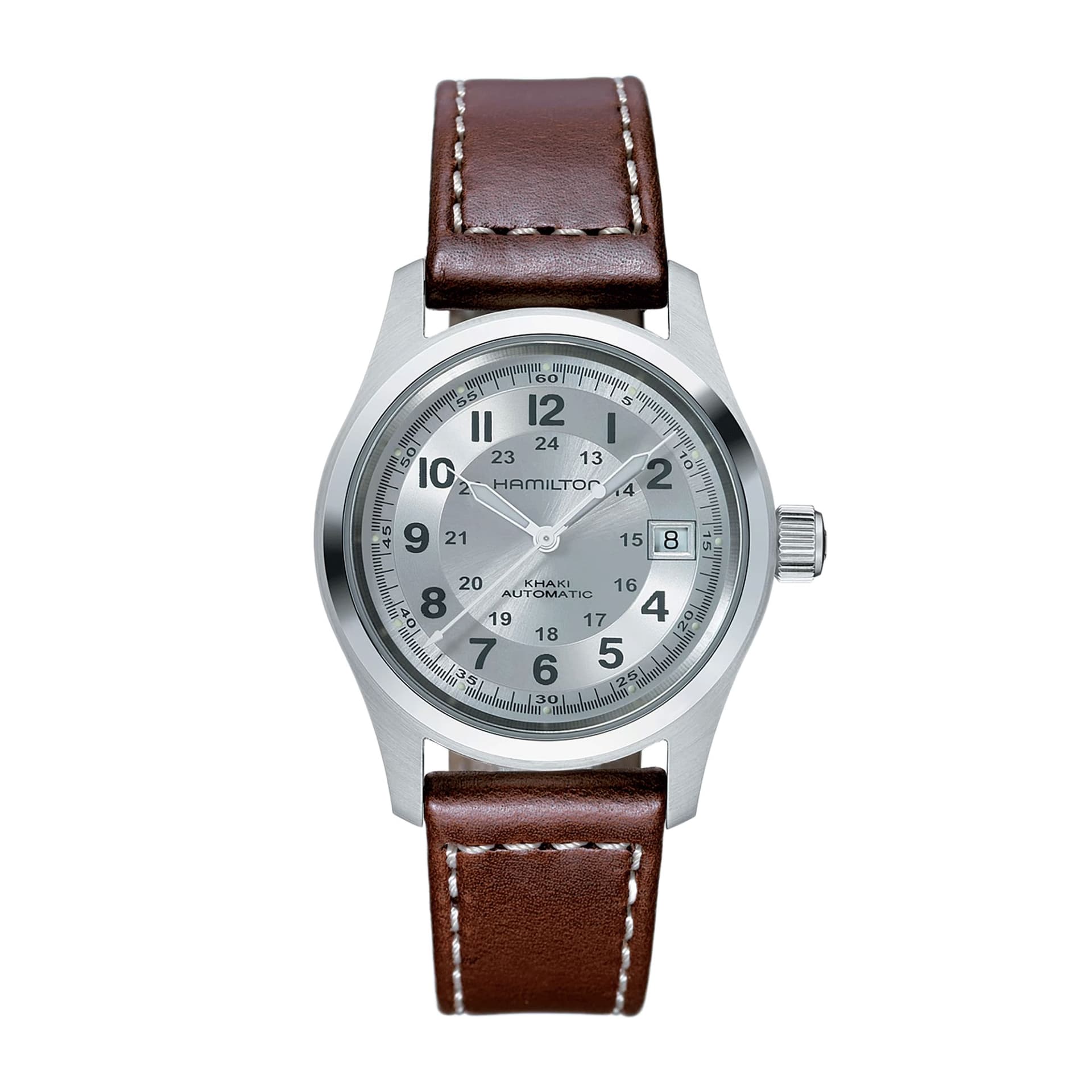 Hamilton Montre Hamilton Khaki Field automatique cadran argenté bracelet cuir brun 38 mm