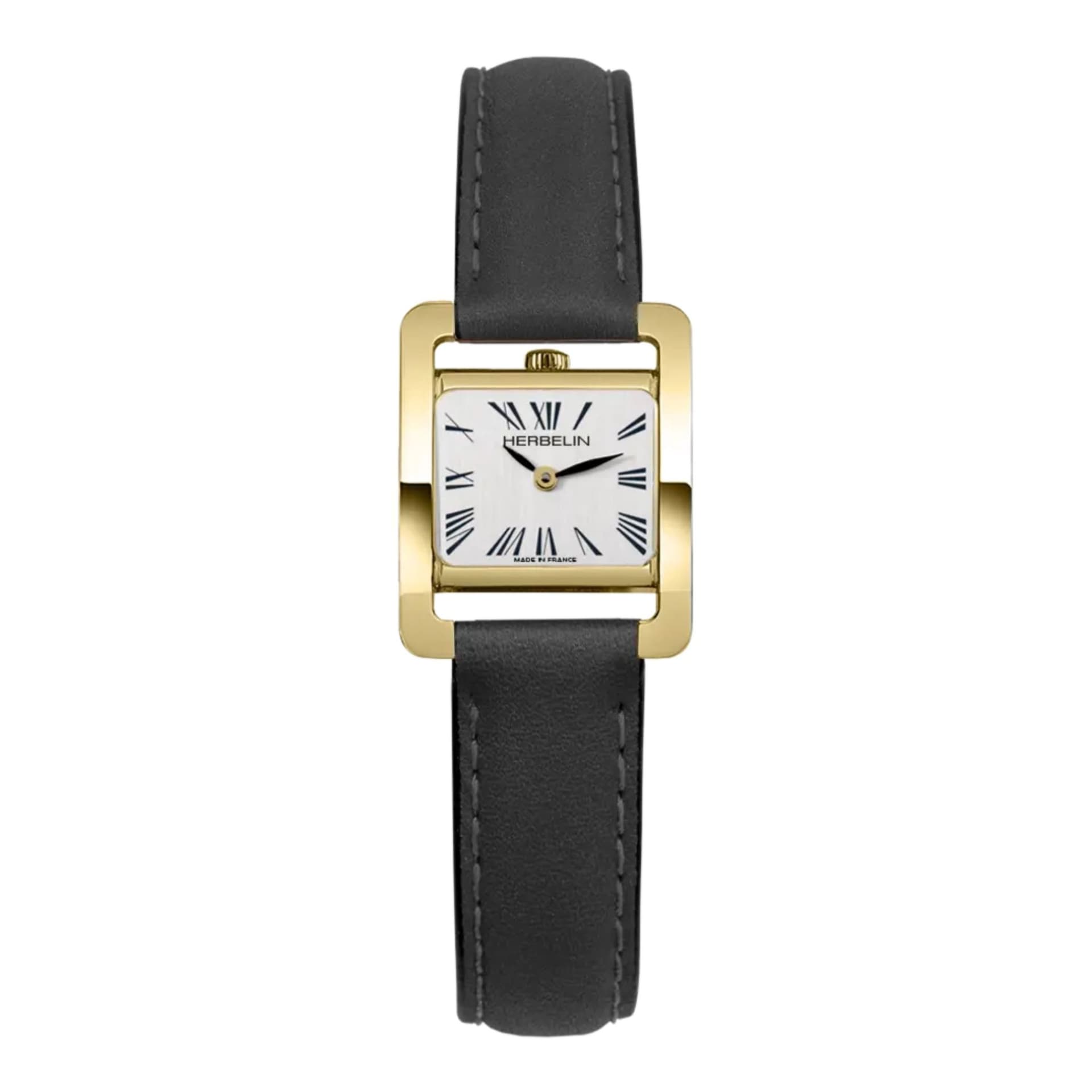 Michel Herbelin Montre Herbelin Ve Avenue PVD Or Jaune quartz cadran blanc bracelet cuir brun 22,5 x 17 mm