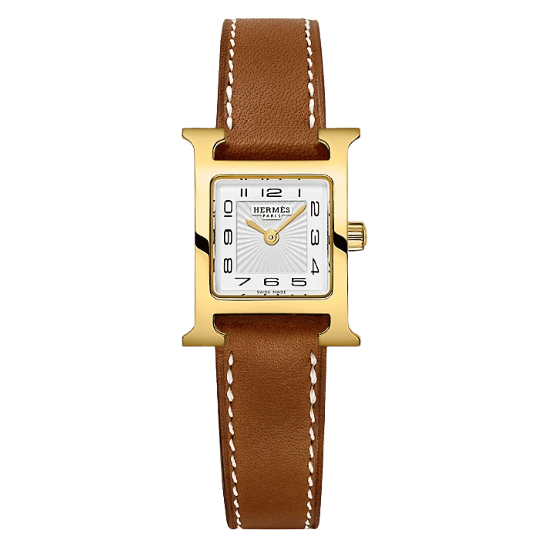 Hermès Montre HERMÈS Heure H Mini Modèle plaqué or jaune quartz cadran argenté bracelet cuir Barénia 21 mm