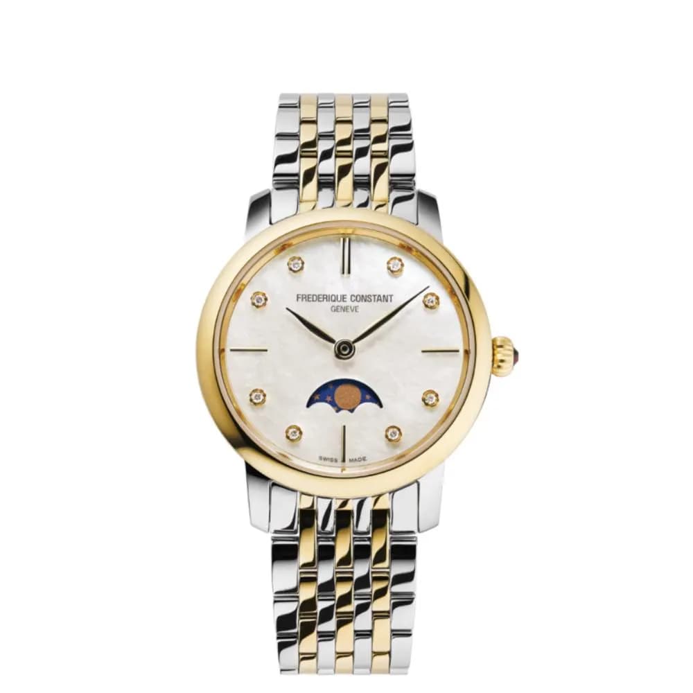 Frédérique Constant Montre Frédérique Constant Slimline Ladies Moonphase Quartz Cadran Nacré Bracelet Acier et PVD Doré - FC-206MPWD1S3B