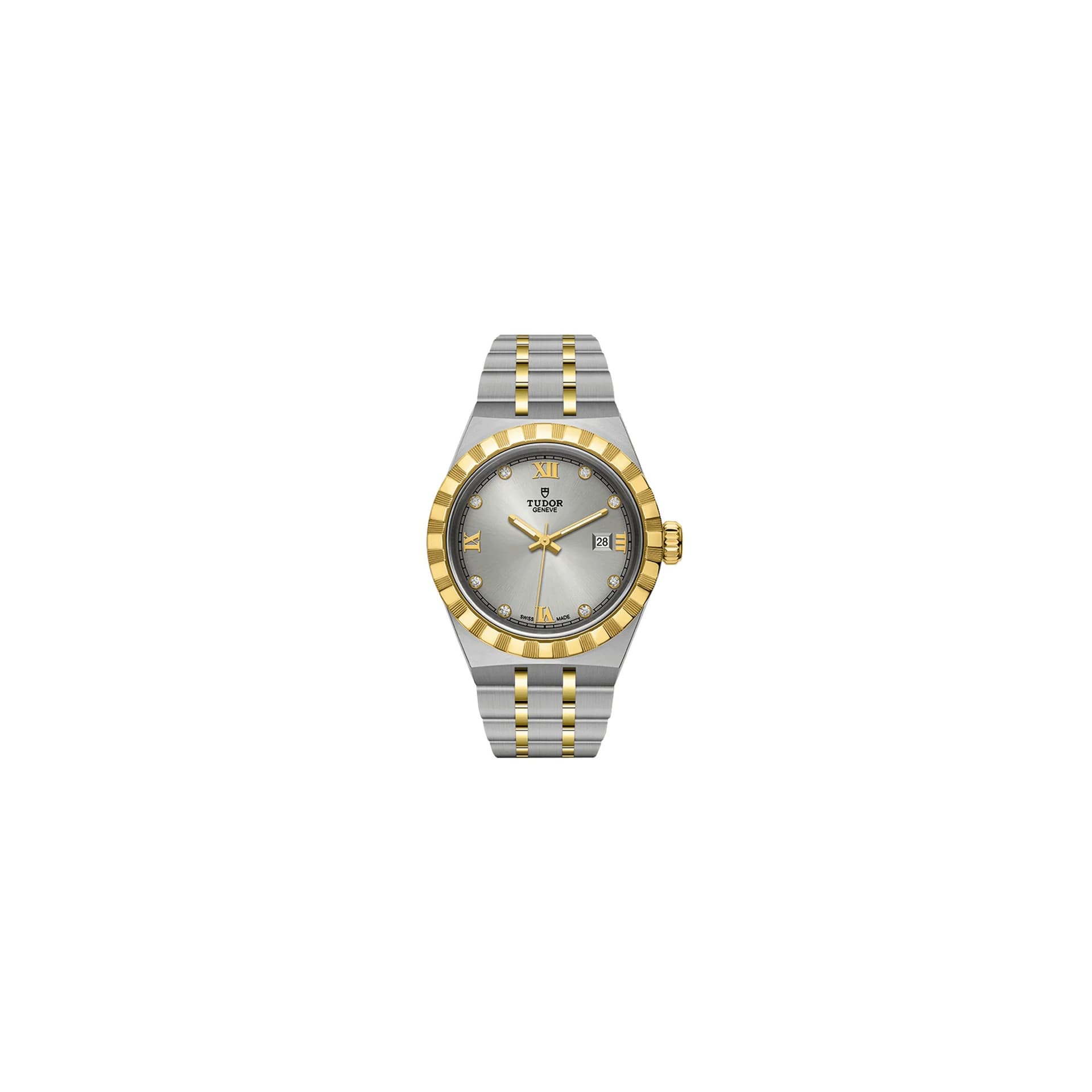 Tudor Montre Tudor Royal automatique index diamants cadran argenté bracelet acier et or jaune 28 mm