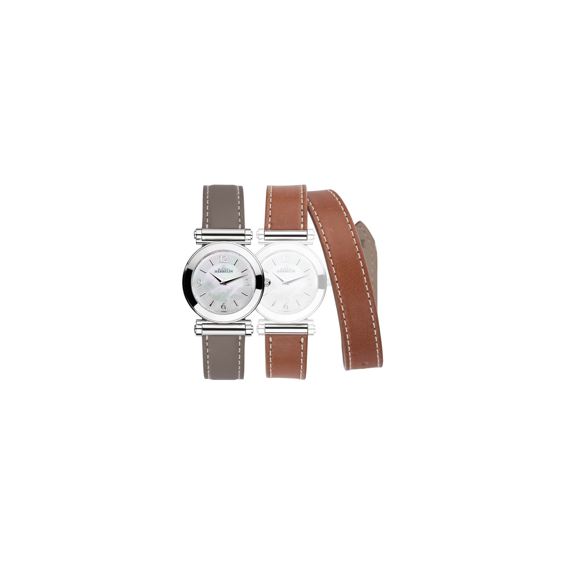 Michel Herbelin Montre Michel Herbelin Coffret Antarès quartz cadran nacre bracelets cuir gris et brun 29 mm