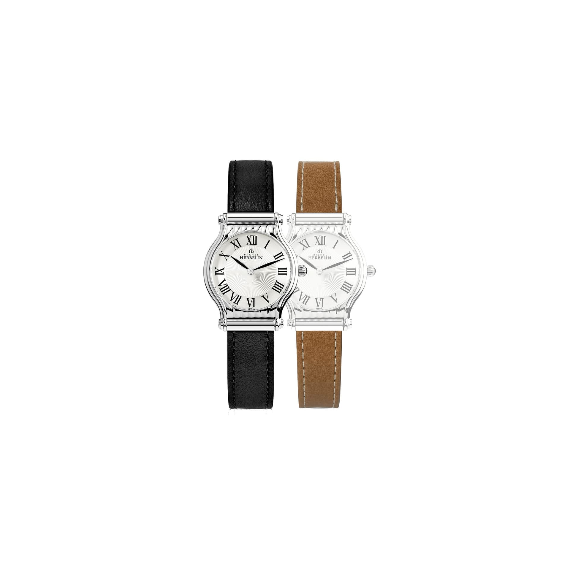 Michel Herbelin Montre Michel Herbelin Coffret Antarès quartz cadran argent chiffres romains bracelets cuir noir et gold 30 mm