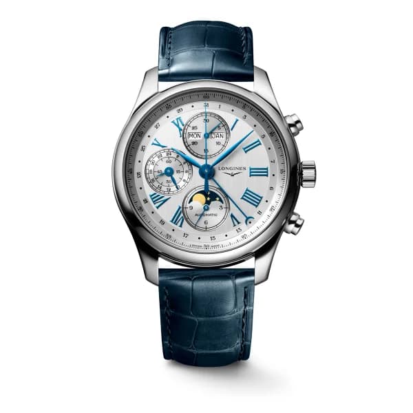 Longines Montre Longines Master Collection Chrono 42mm Cadran Argent Bracelet Cuir Bleu