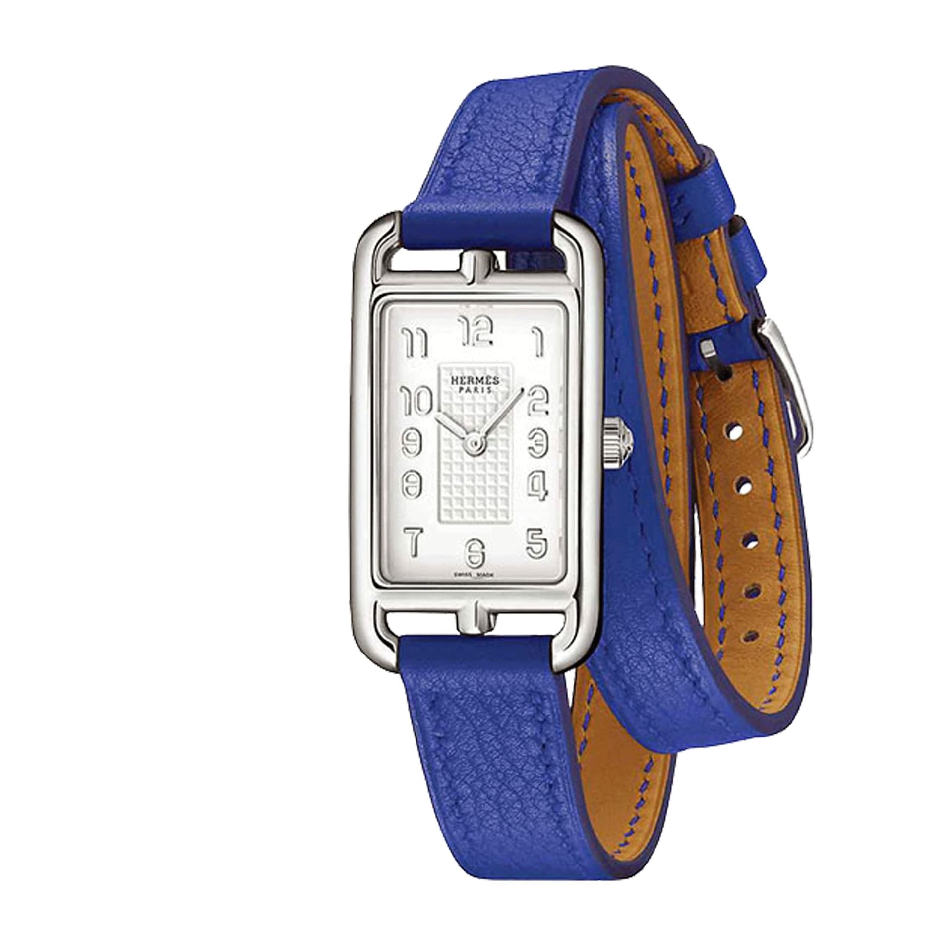 Hermès Montre HERMÈS Nantucket Petit Modèle quartz cadran argenté bracelet cuir double tour bleu 20 x 27 mm