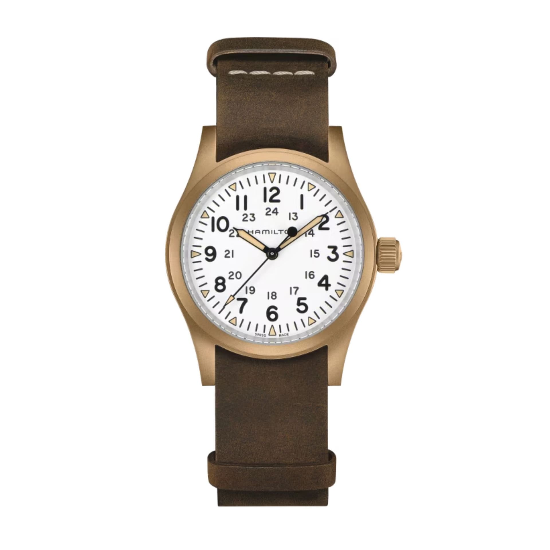 Hamilton Montre Hamilton Khaki Field Bronze mécanique cadran blanc bracelet nato brun 38 mm