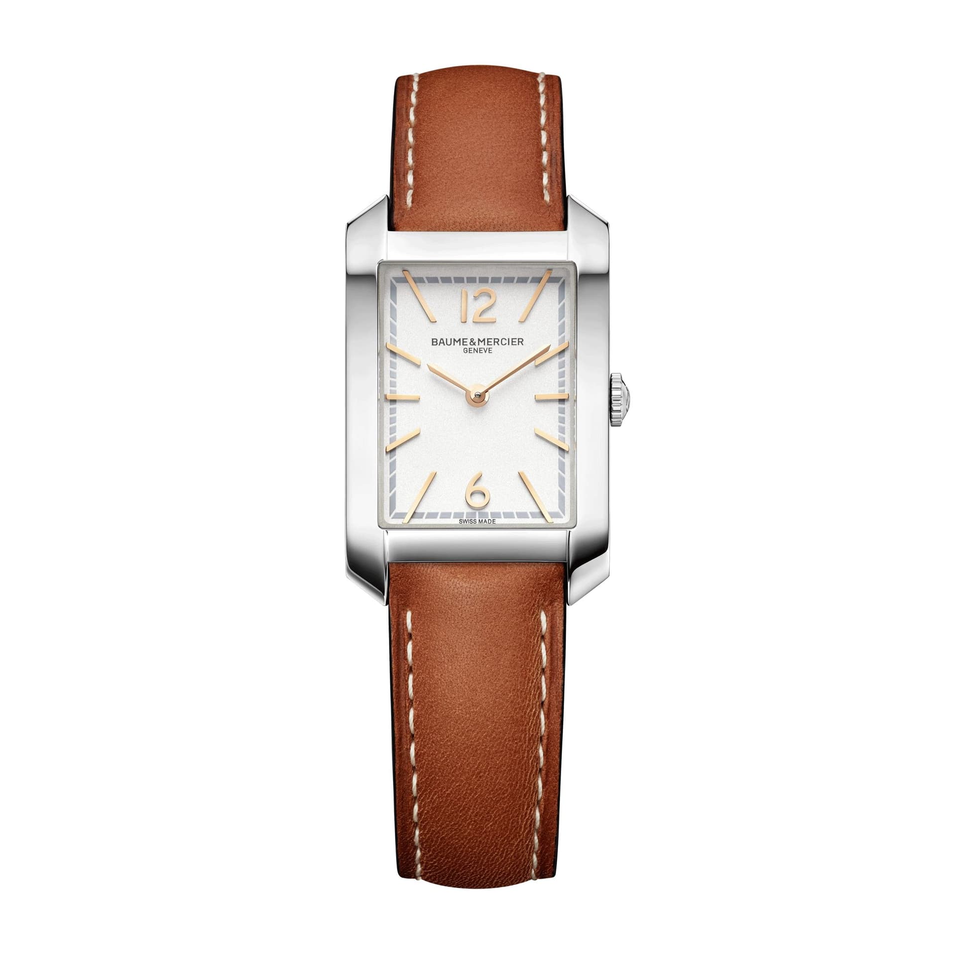 Baume & Mercier Montre Baume et Mercier Hampton quartz cadran blanc bracelet cuir veau marron