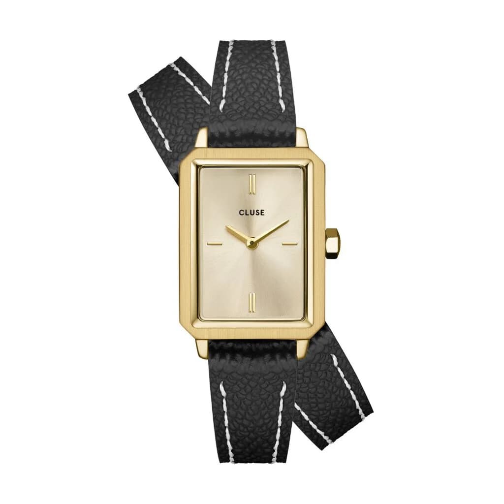 Cluse Fluette Watch Double Leather, Black, Full Gold Colour