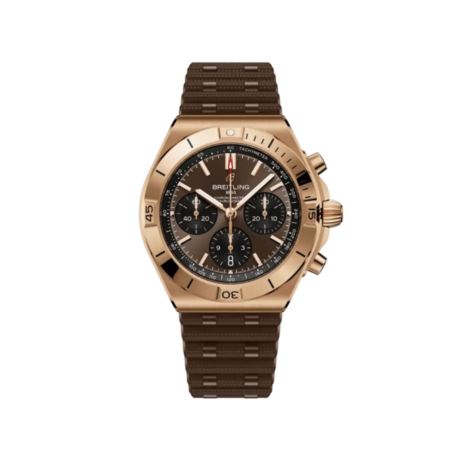 Breitling Montre Breitling Chronomat B01 Chronograph automatique cadran chocolat boitier or rouge bracelet caoutchouc 42 mm