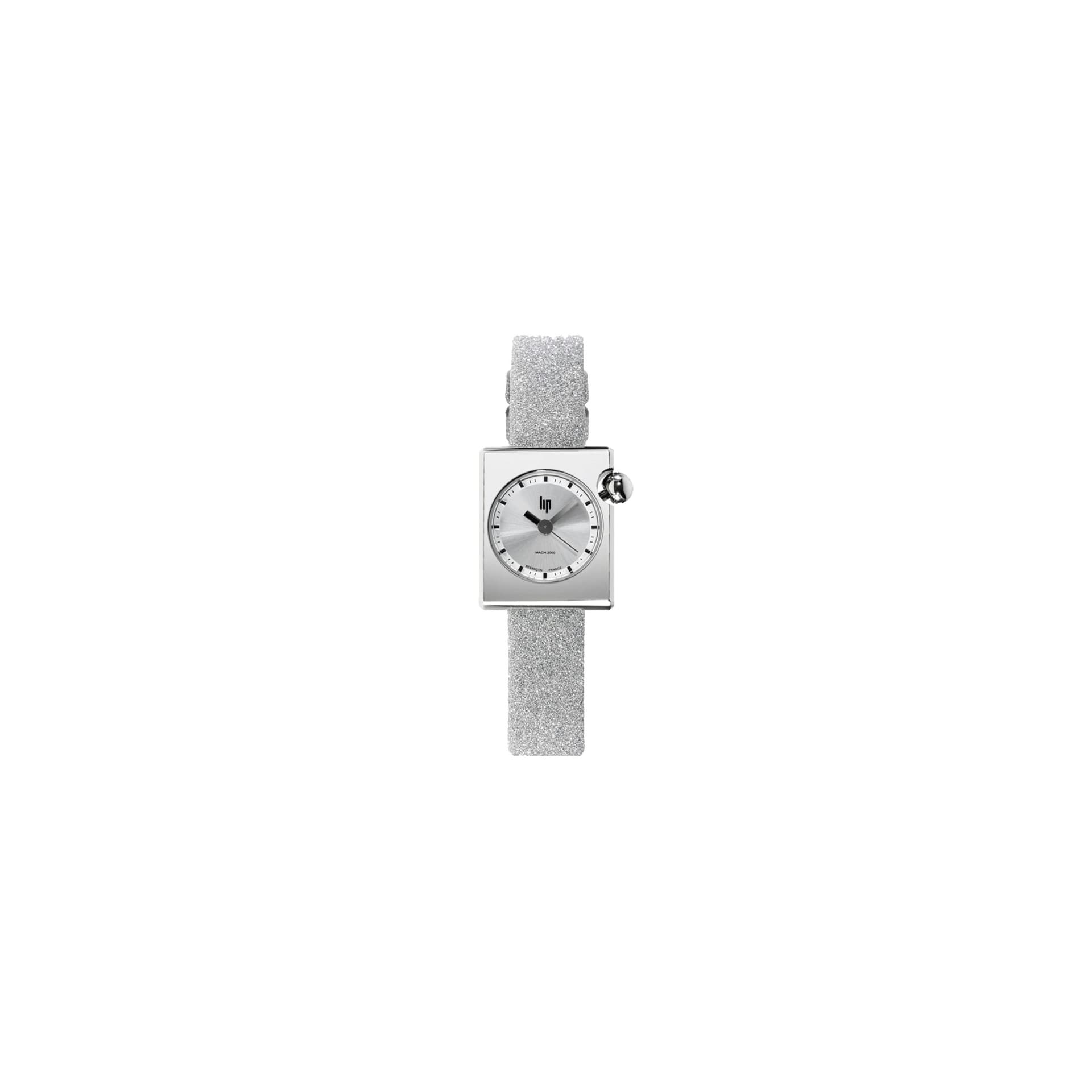 Lip Montre Lip Mach 2000 Mini Square quartz cadran argenté bracelet cuir argenté pailleté 30 x 28 mm