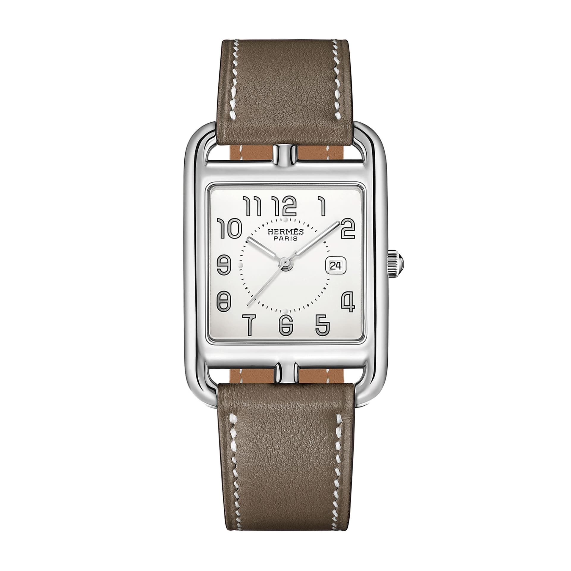 Hermès Montre HERMÈS Cape Cod Grand Modèle quartz cadran argenté bracelet cuir taupe 37 mm