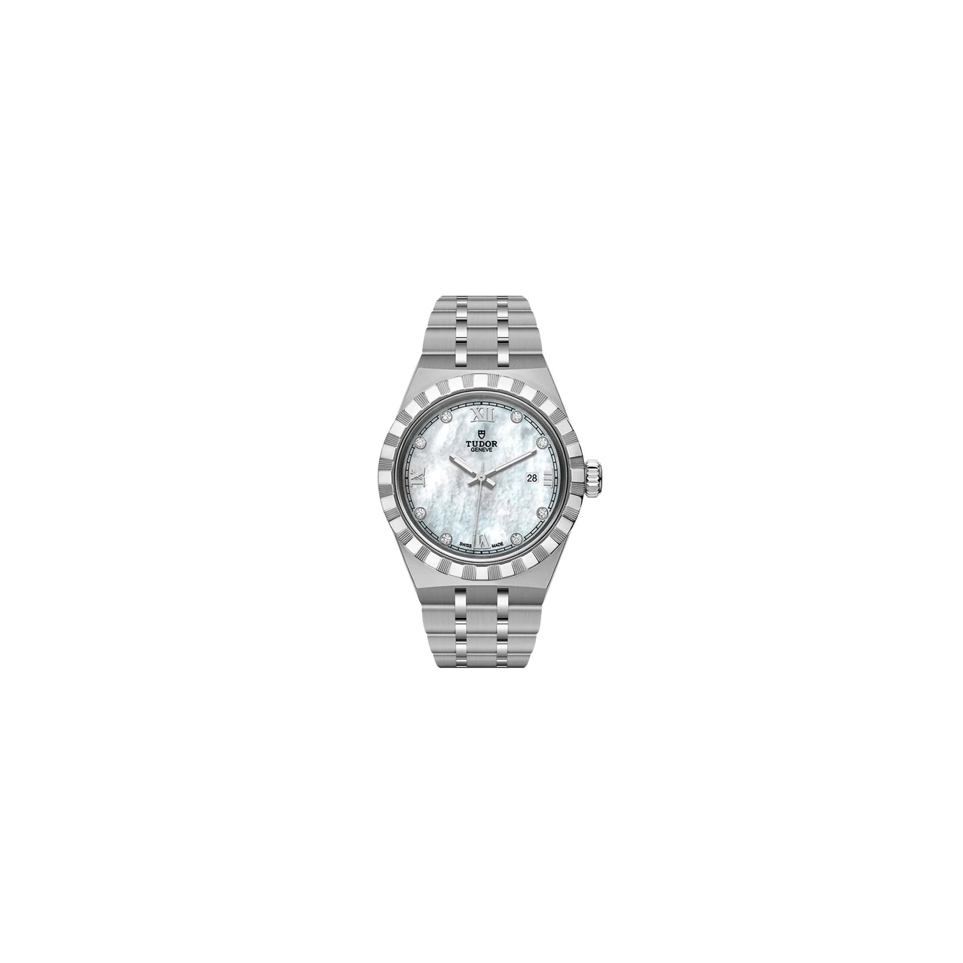 Tudor Montre Tudor Royal automatique index diamants cadran nacre blanche bracelet acier 28 mm