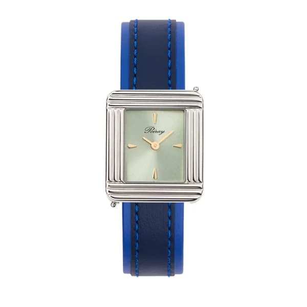 Poiray Montre Poiray Ma Première Acier Cadran Vert Bracelet Veau Sellier Bleu Nuit