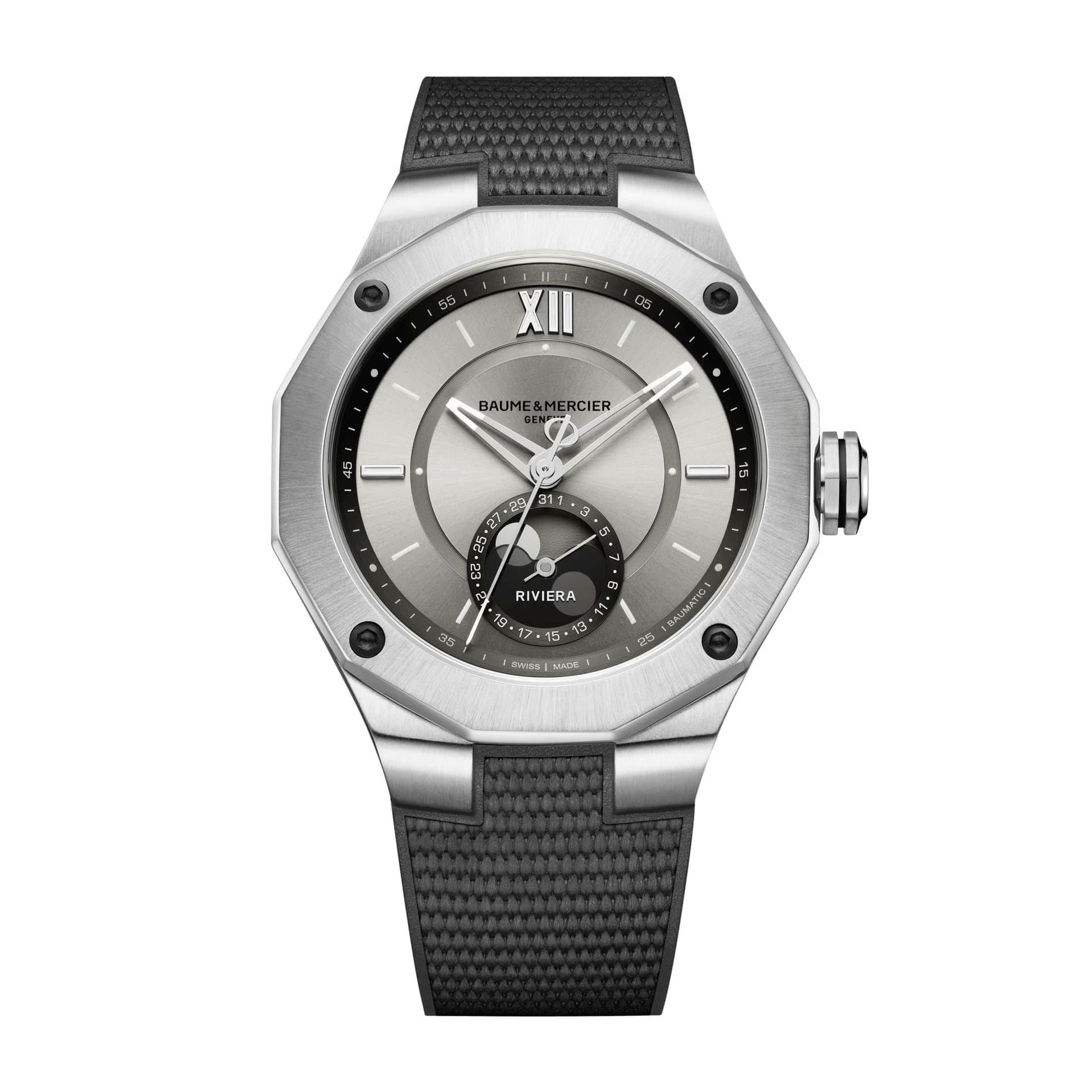 Baume & Mercier Montre Baume et Mercier Riviera Phase de Lune automatique cadran gris bracelet caoutchouc gris 43 mm