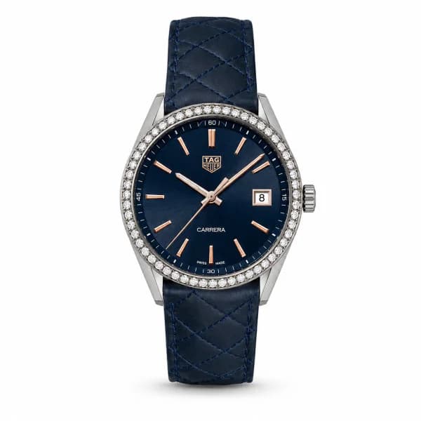 Daniel Gérard Montre Occasion TAG Heuer Carrera Lunette Pavée Cadran Bleu bracelet Cuir Bleu