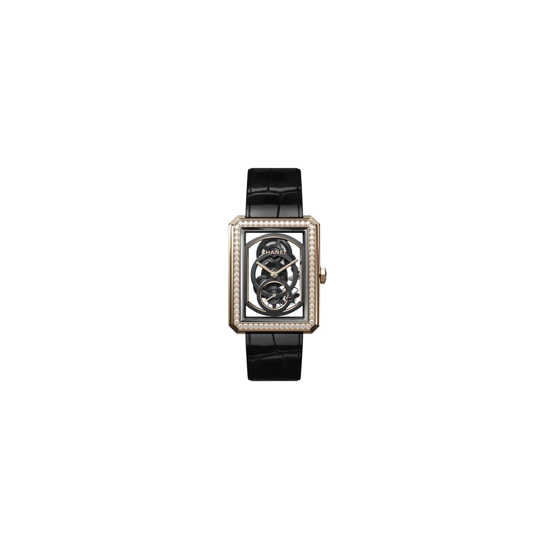 Chanel Montre Chanel BOY·FRIEND Grand Modèle Or beige mécanique lunette sertie cadran squelette bracelet cuir veau noir