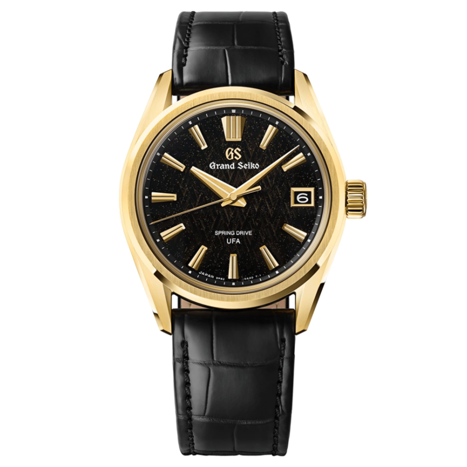 Grand Seiko Montre Grand Seiko Evolution 9 Spring Drive U.F.A "Ice Forest at Dawn" or jaune cadran noir bracelet cuir 37 mm