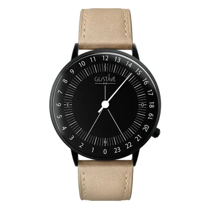 Gustave & Cie Montre 24H Antoine Noir & Noir Cuir Beige 40mm