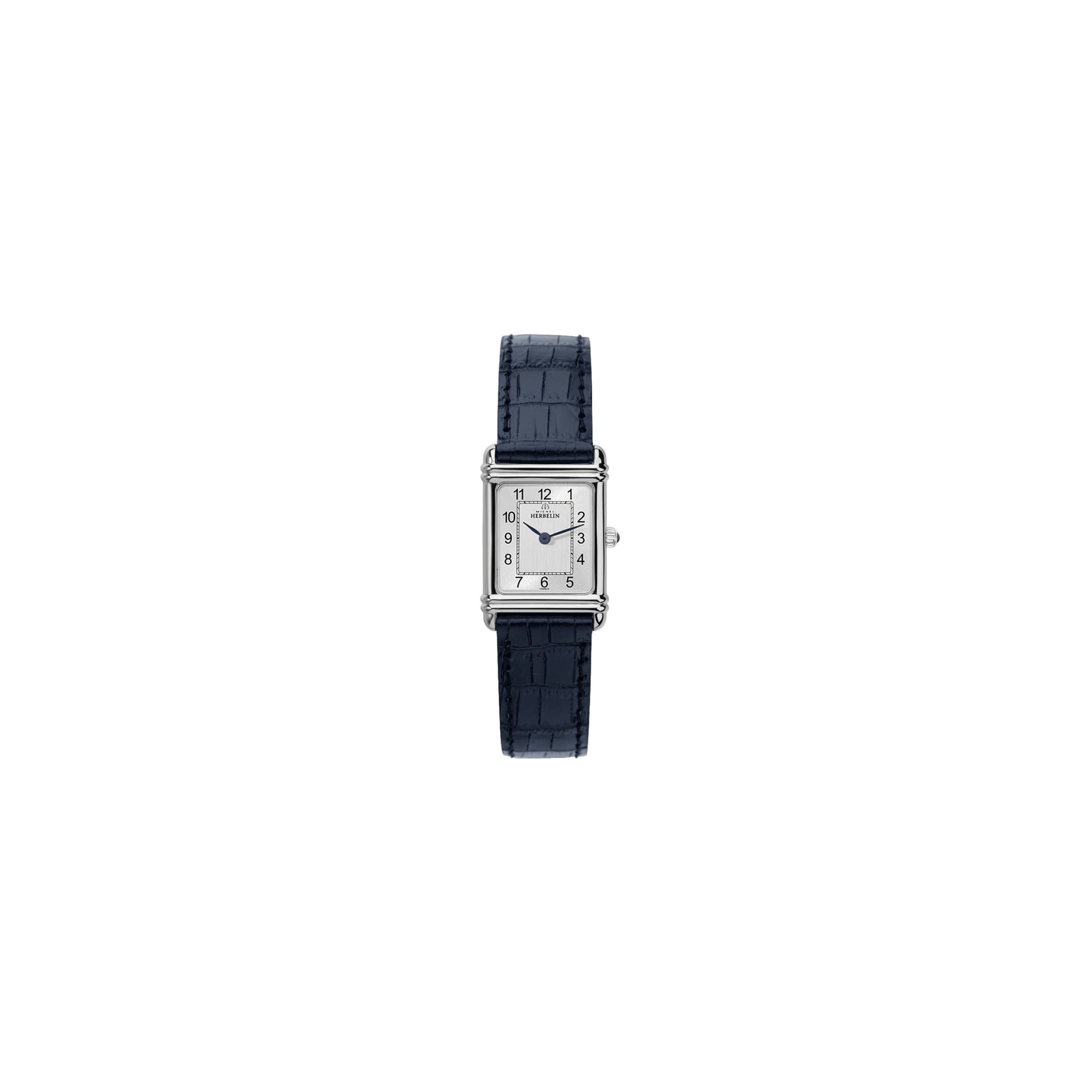 Michel Herbelin Montre Michel Herbelin Art Déco quartz cadran argent index chiffres arabes bracelet cuir bleu 20,30 x 24,40 mm