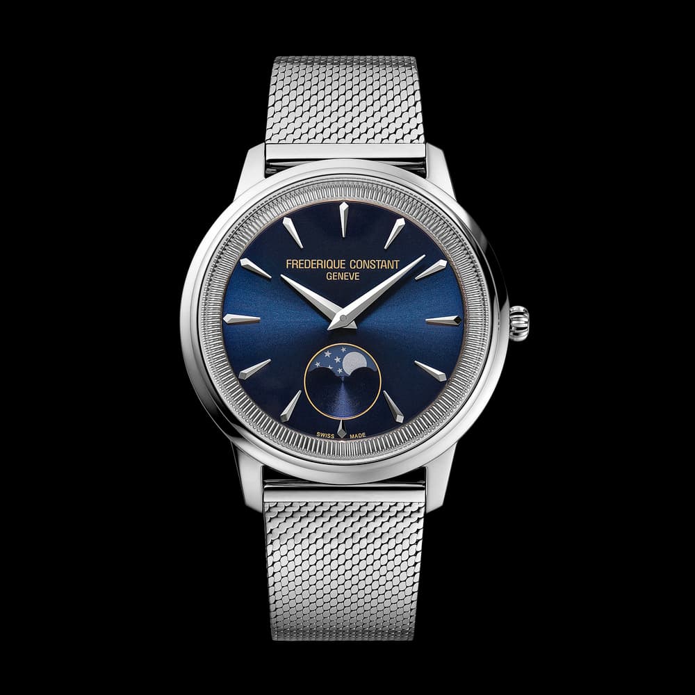 Frédérique Constant Montre Frédérique Constant Moneta Moonphase Quartz Cadran Bleu marine Bracelet Acier Maille Milanaise - FC-206N3S6B