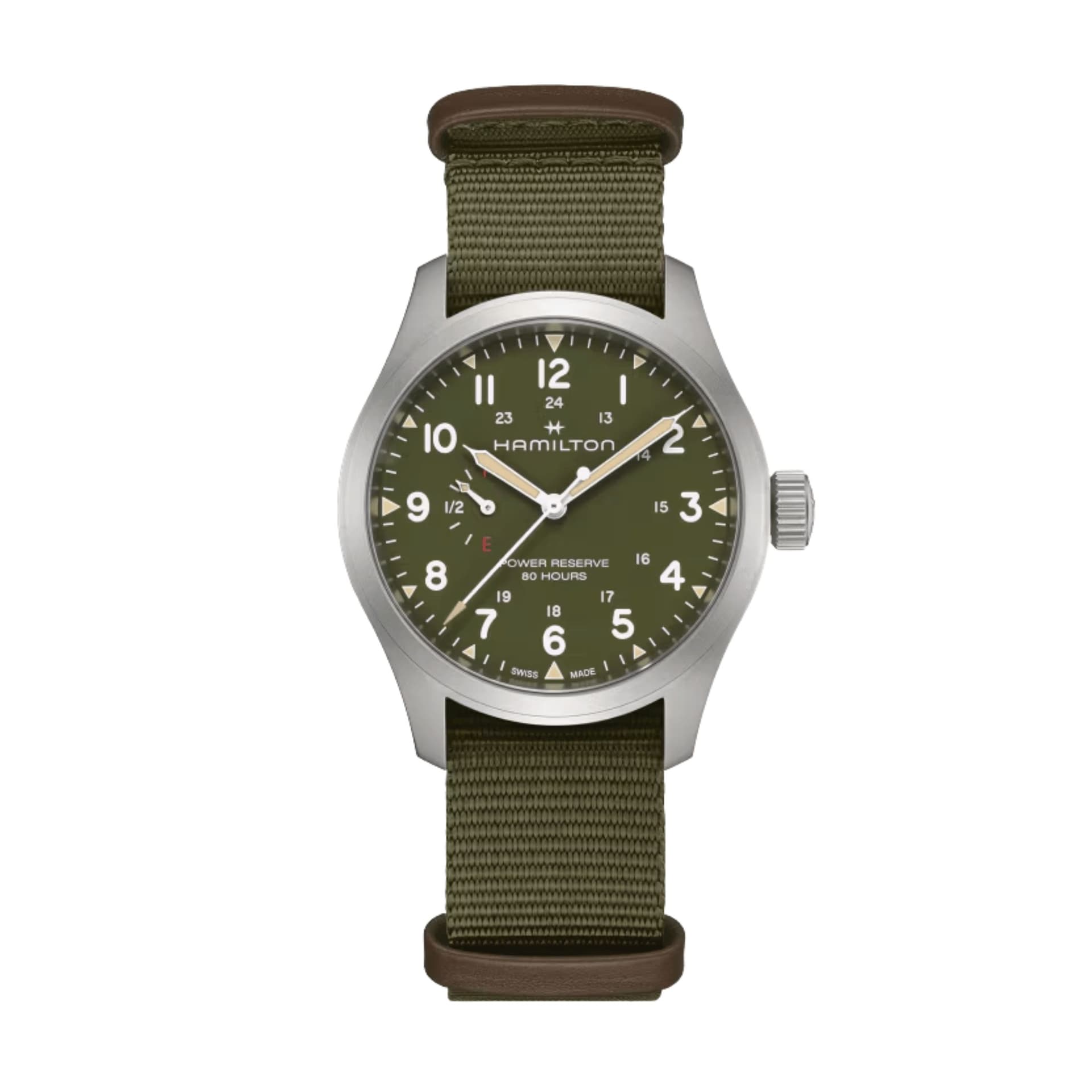 Hamilton Montre Hamilton Khaki Field Power Reserve cadran kaki bracelet tissu vert 40 mm