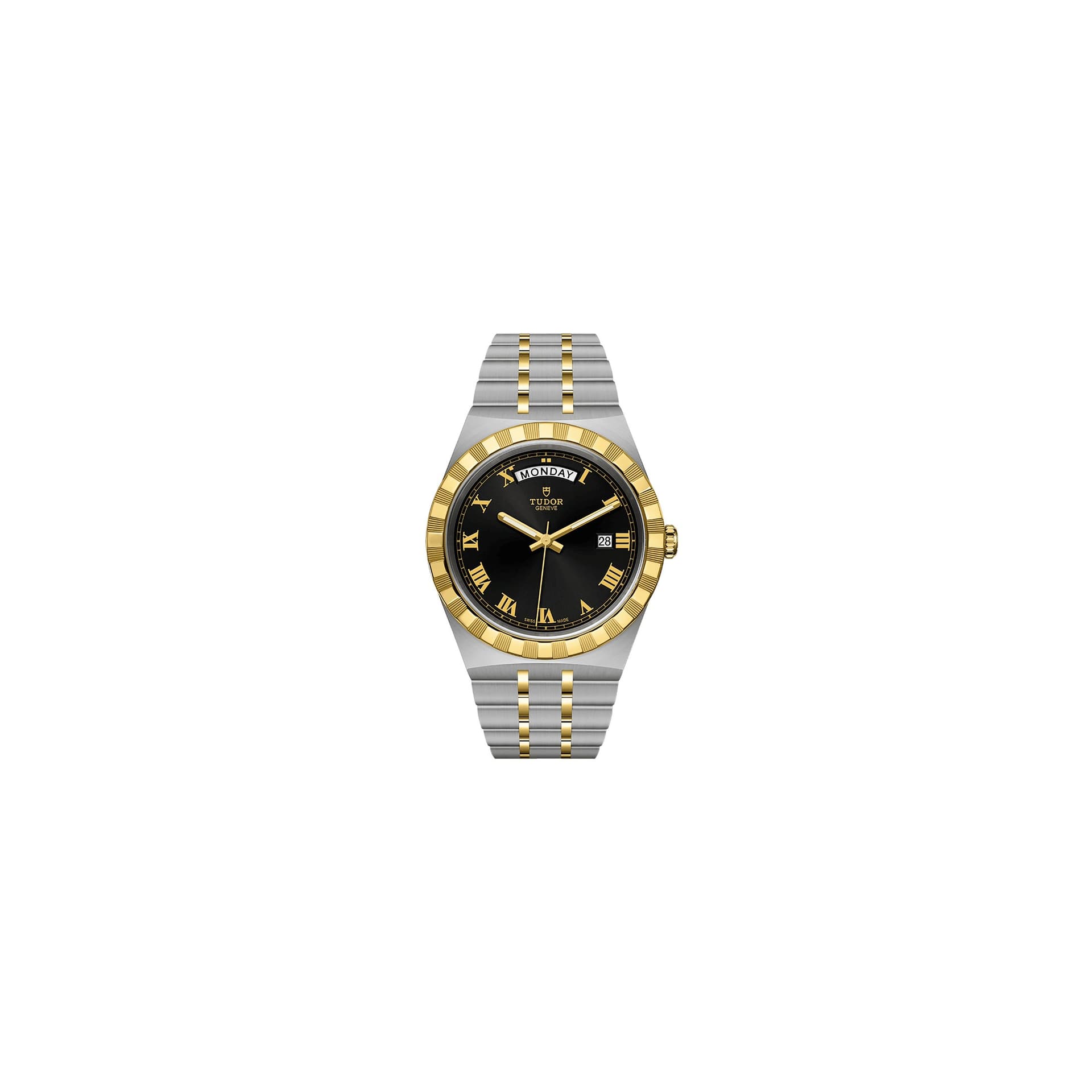 Tudor Montre Tudor Royal automatique lunette or jaune cadran noir bracelet acier et or jaune 41 mm