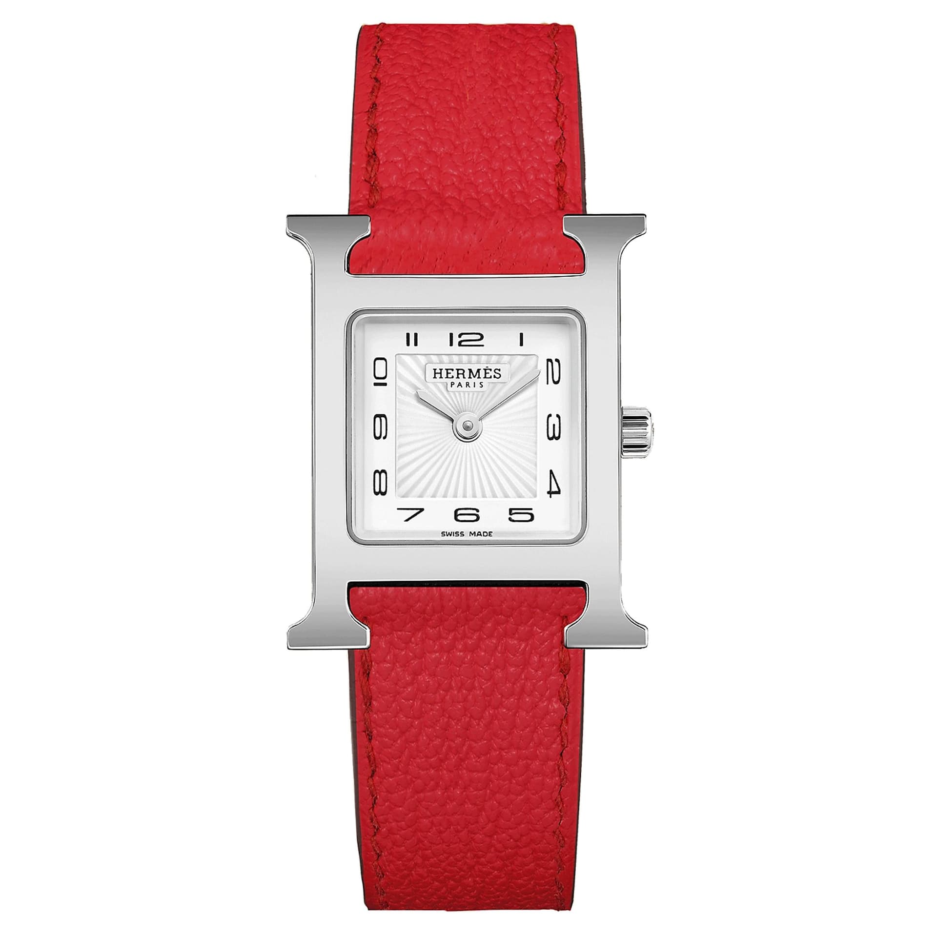 Hermès Montre HERMÈS Heure H Petit Modèle quartz cadran blanc bracelet cuir rouge 25 mm