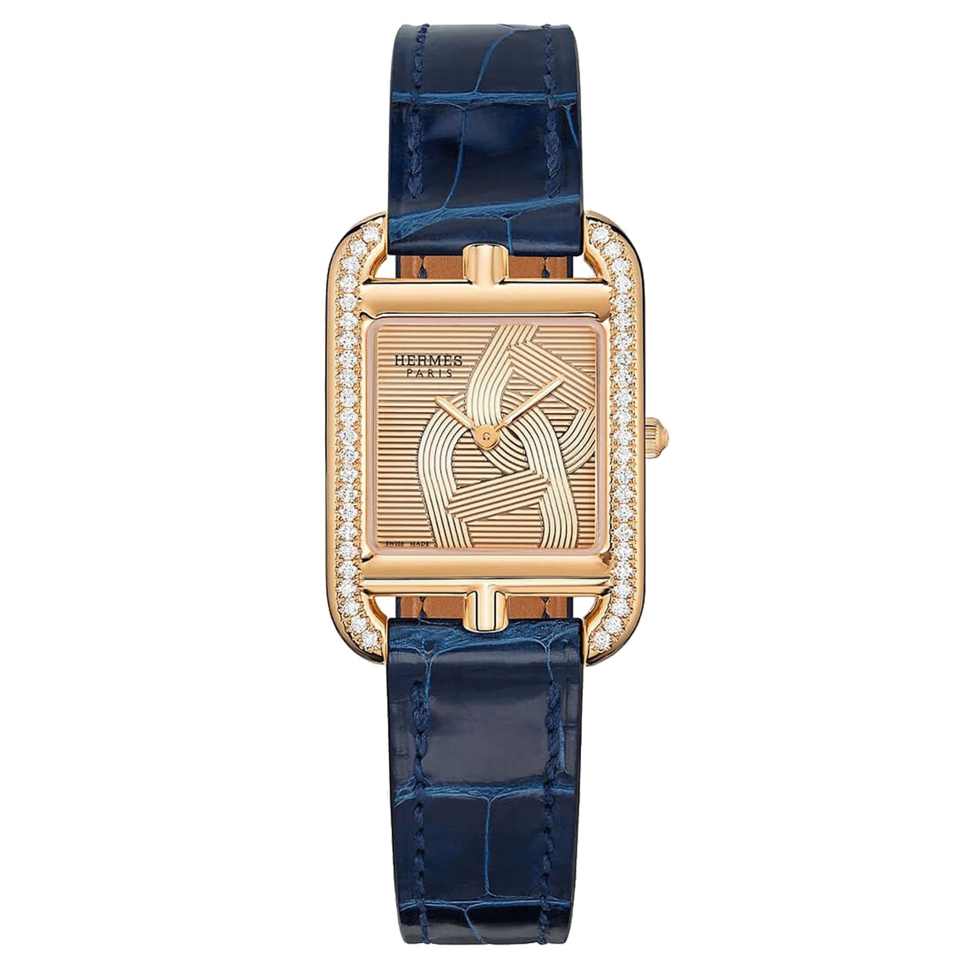 Hermès Montre HERMÈS Cape Cod Petit Modèle Or Rose Sertie quartz cadran doré bracelet cuir bleu 31 mm