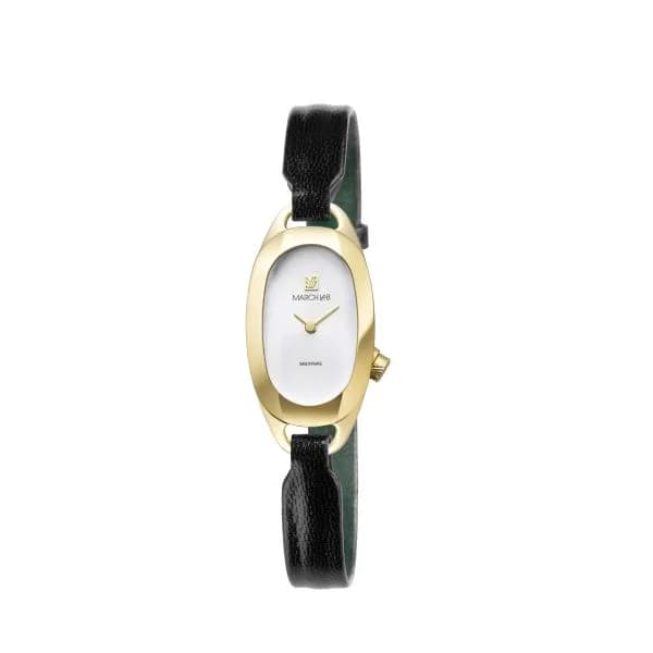March LA.B Montre MARCH LA.B Oblongue PVD Gold Continental Bracelet Cuir Noir