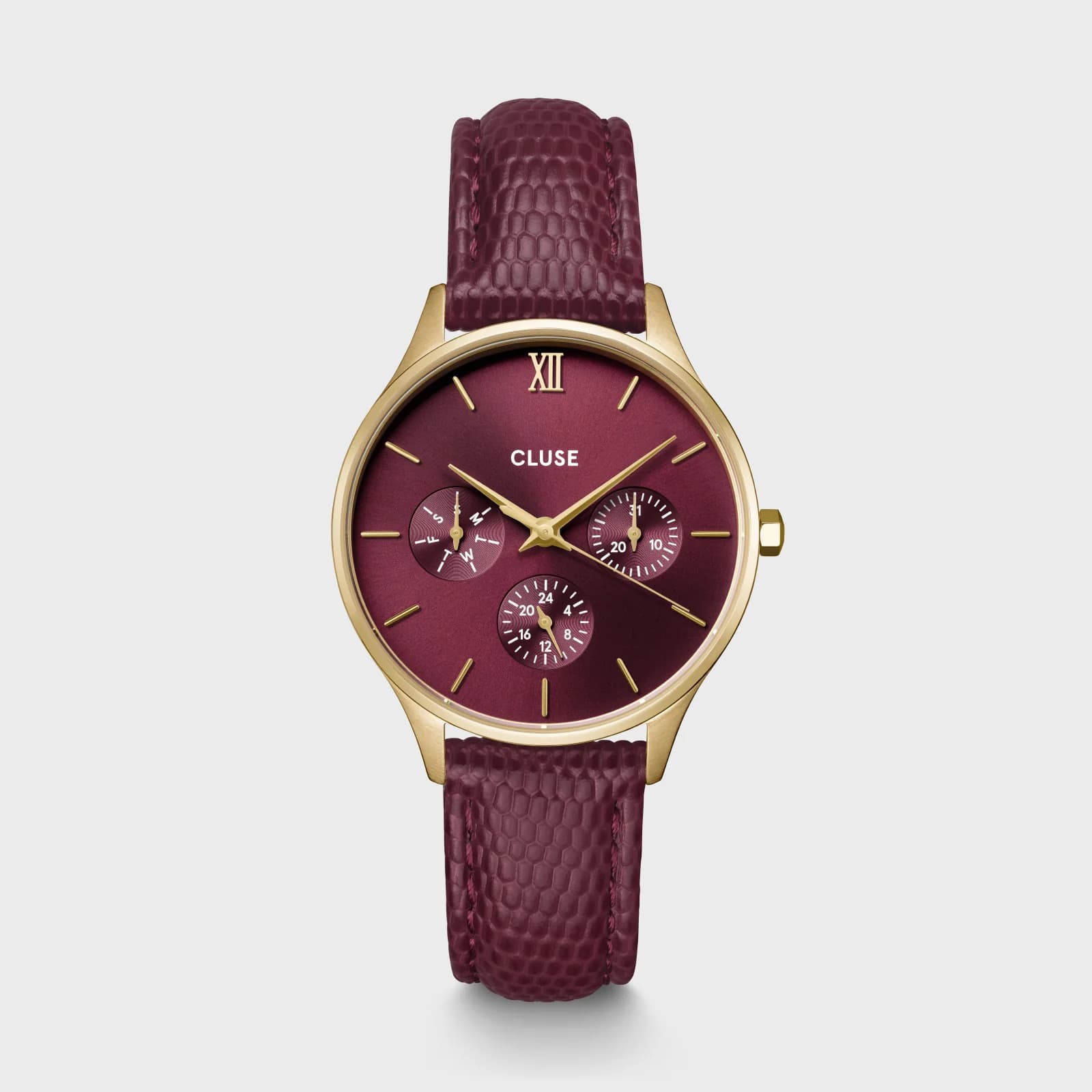 Cluse Minuit Multifunction Watch Leather, Dark Cherry Lizard, Gold Colour