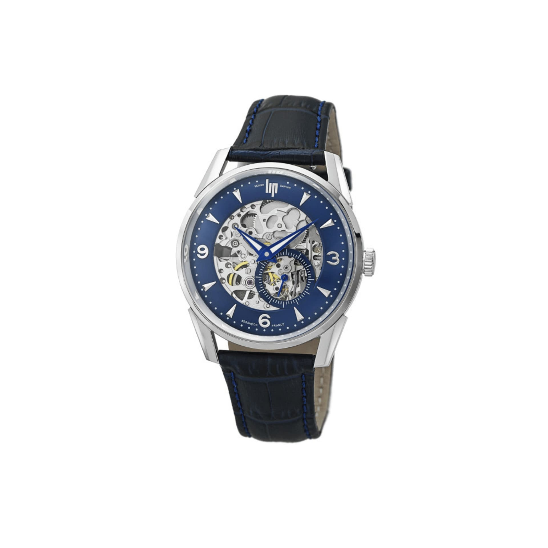 Lip Montre Lip Himalaya Squelette automatique cadran argent bracelet cuir bleu 40 mm
