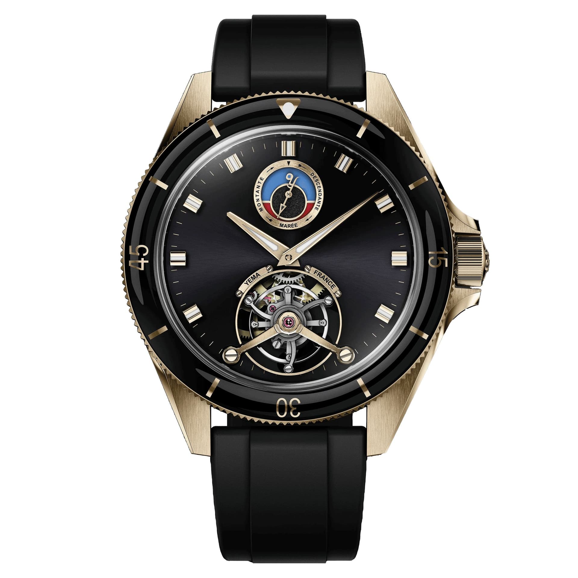 Yema Montre Yema Yachtingraf Tourbillon Mareographe Bronze 75ème anniversaire mécanique cadran noir bracelet caoutchouc noir 42,5 mm