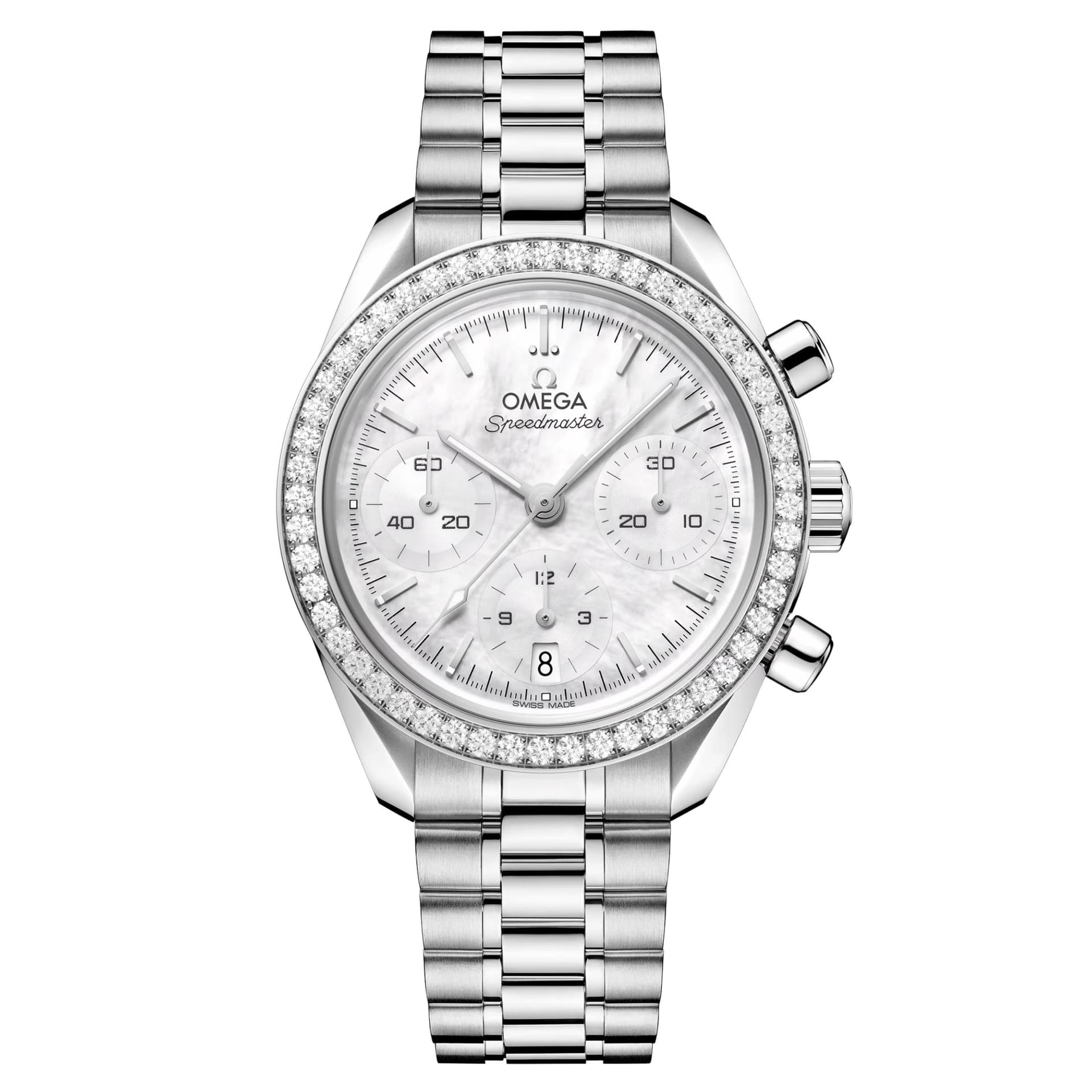 Omega Montre Omega Speedmaster 38 automatique cadran nacre blanche lunette diamants bracelet acier 38 mm