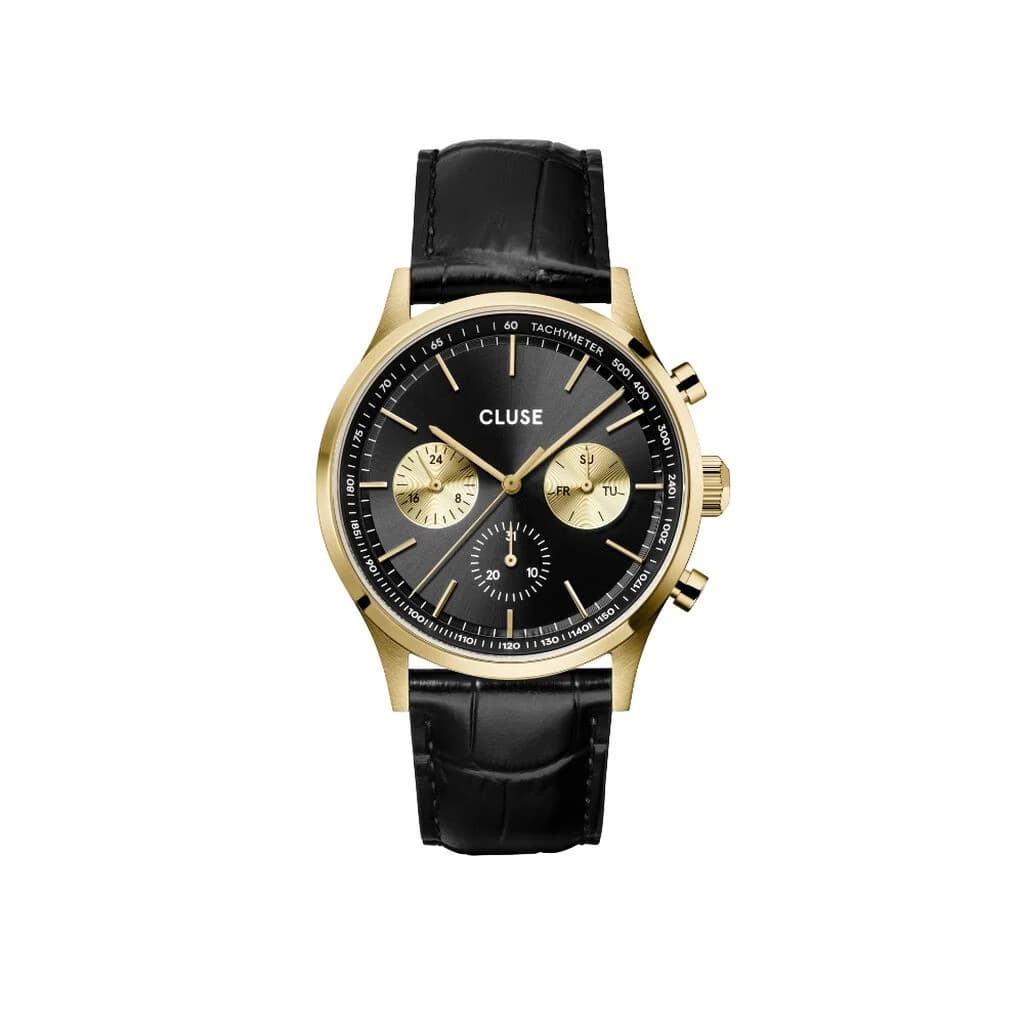 Cluse Anthéor Multifunction Watch Leather, Full Black, Gold Colour