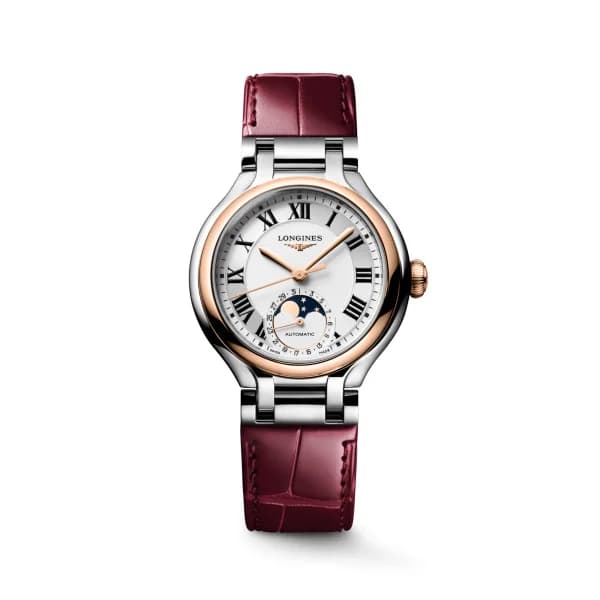 Longines Montre Longines Longines primaluna moonphase 34 mm Automatique Cadran Argenté "soleil" Bracelet Cuir