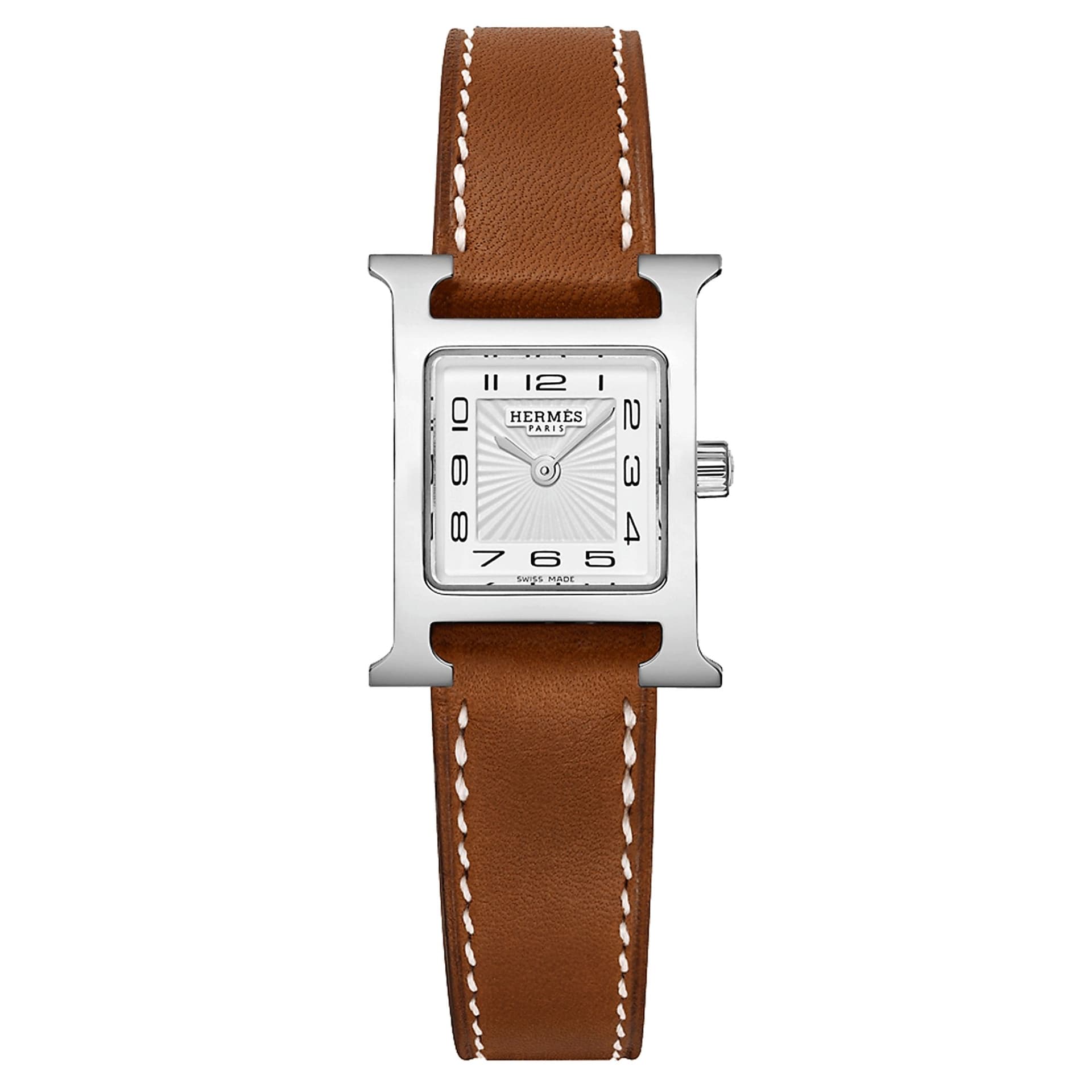 Hermès Montre HERMÈS Heure H Mini Modèle quartz cadran blanc bracelet cuir Barénia marron 21 mm