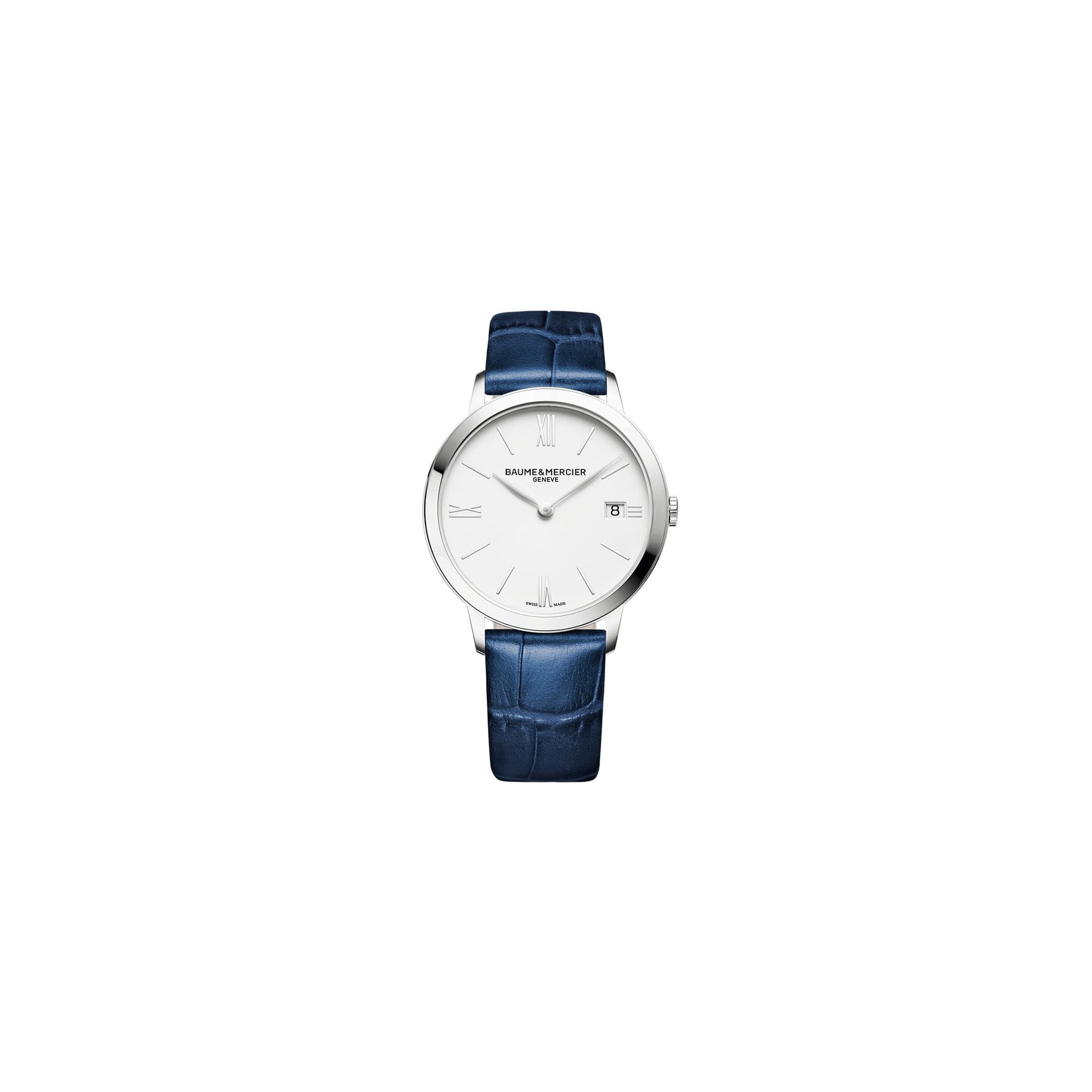 Baume & Mercier Montre Baume et Mercier Classima quartz cadran blanc bracelet cuir veau bleu 36,5 mm