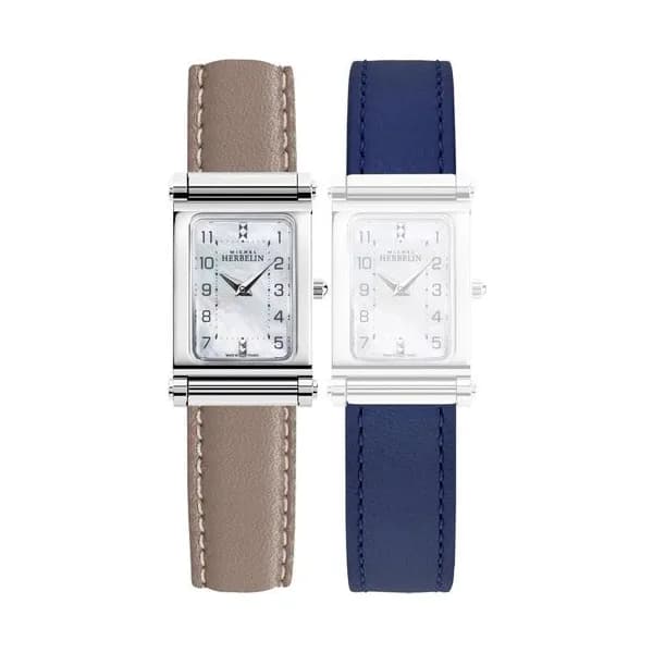 Michel Herbelin Montre Michel Herbelin Coffret Antarès quartz cadran nacre bracelet cuir gris et bleu
