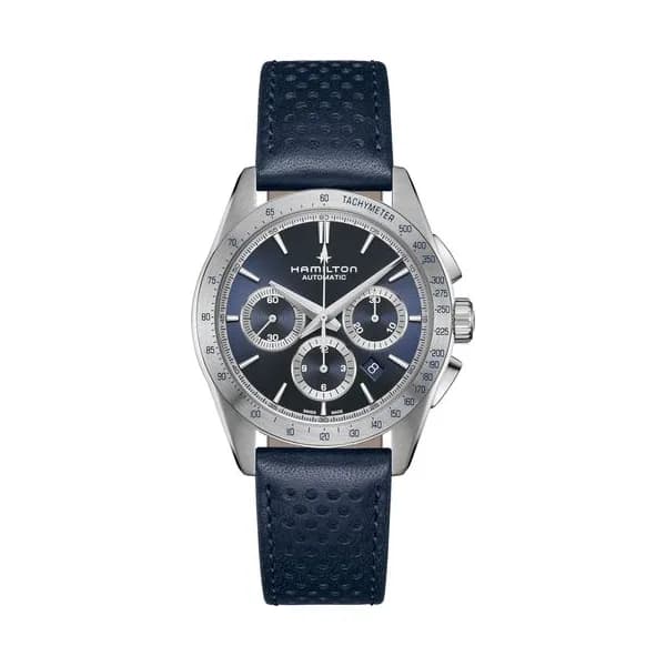Hamilton Montre Hamilton Jazzmaster Performer Chronographe automatique cadran bleu bracelet cuir bleu 42 mm